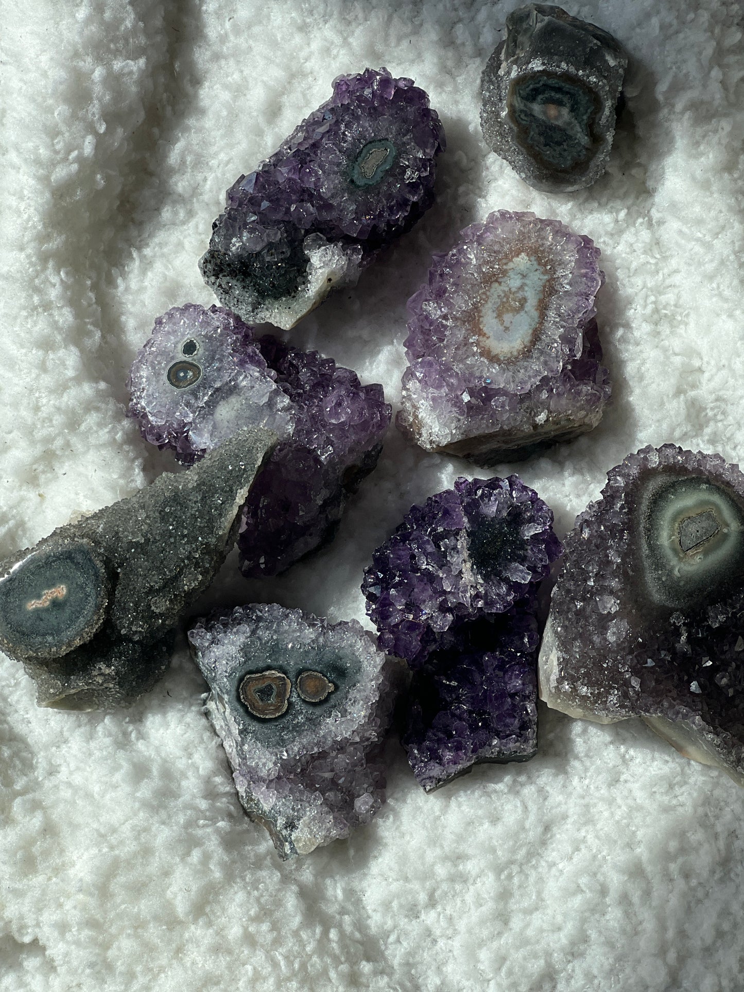 “Cute Cosmic Cyclops” Uruguayan Amethyst Clusters with Stalactite Eyes