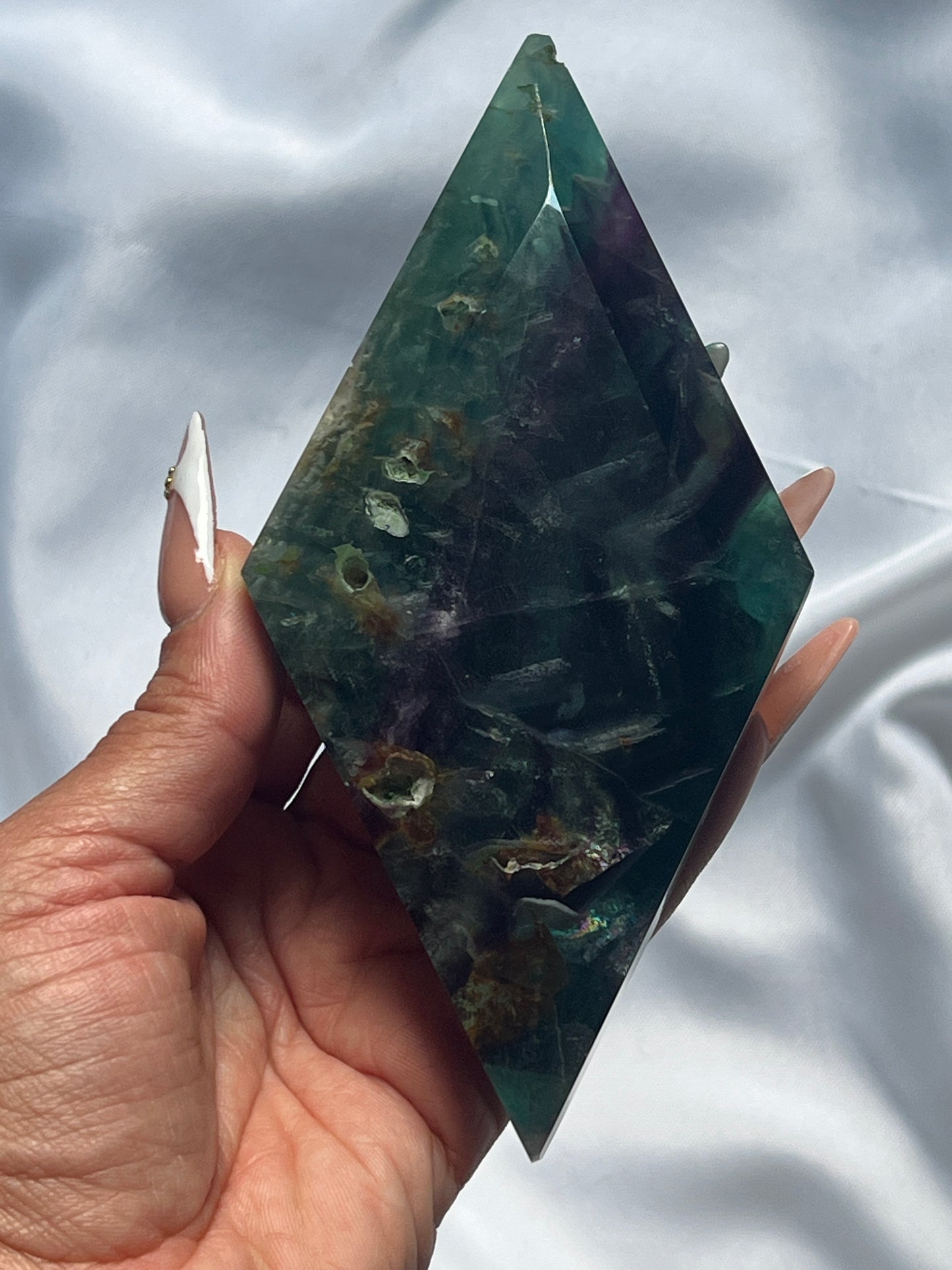 “Diamond in the Rough” Rainbow Feather Fluorite Diamond