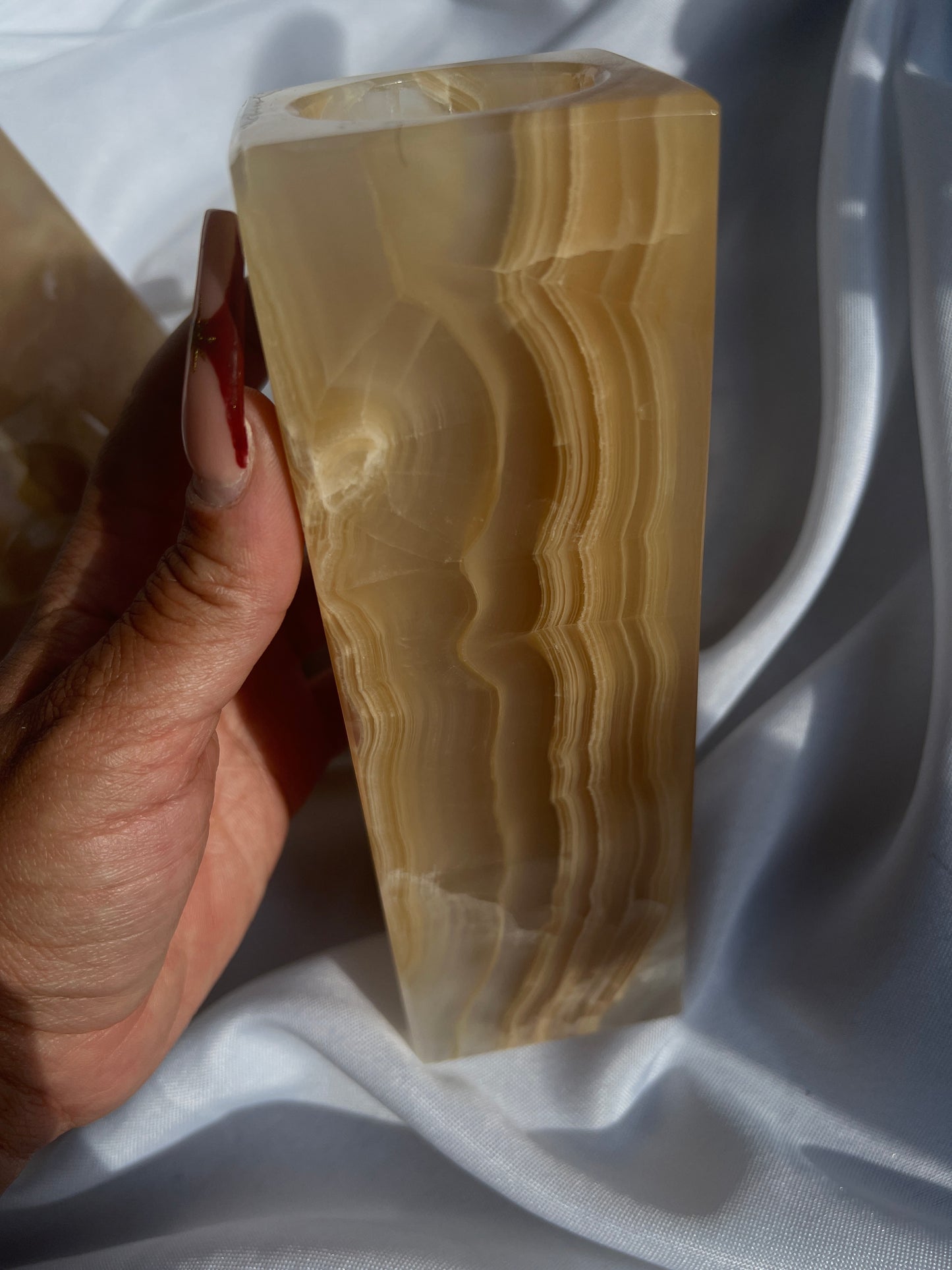 “Honey Drizzle” Banded Calcite Tea Light Candle Holder Set