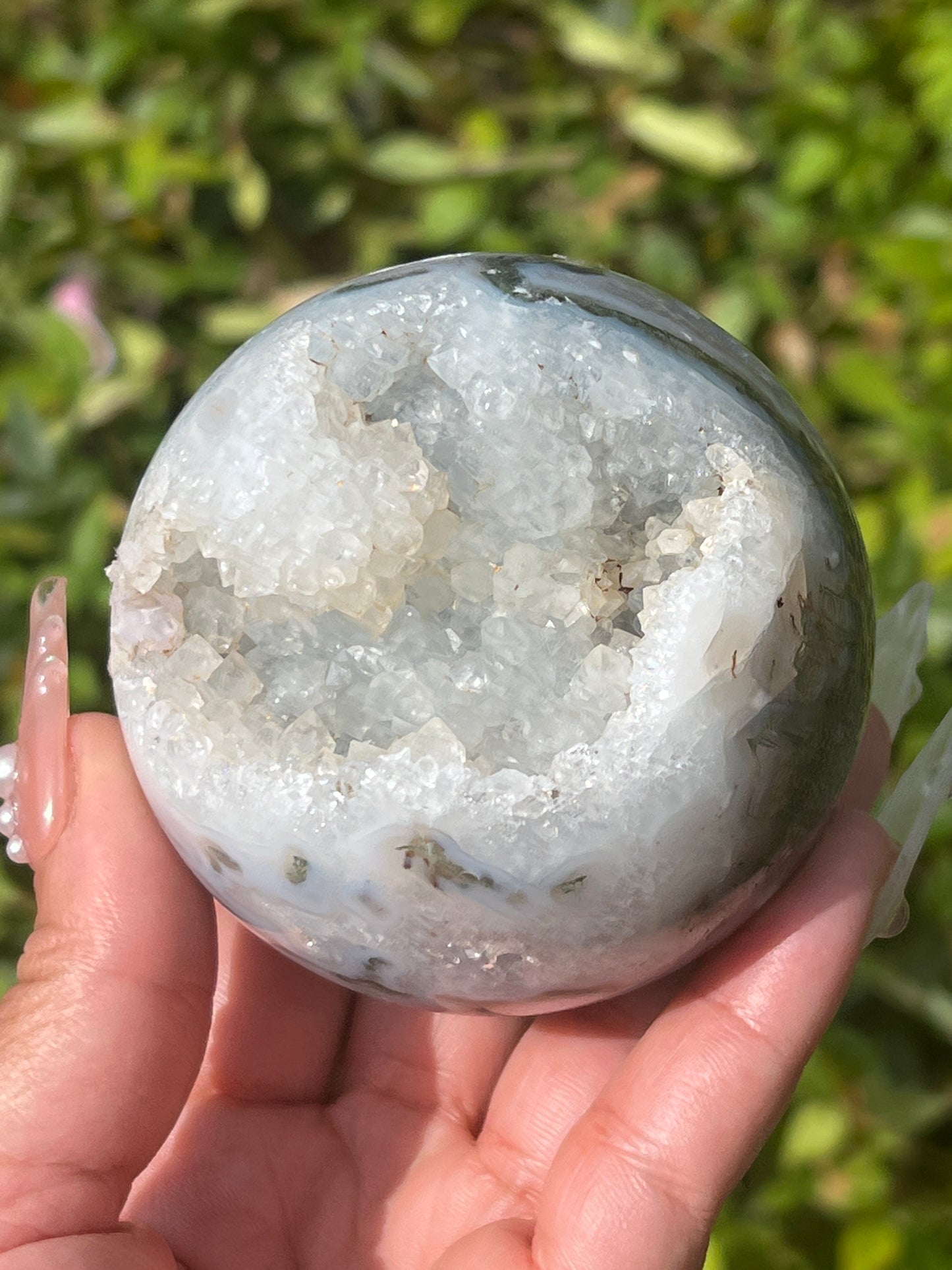 “Sparkling Pockets” Druzy Moss Agate Spheres