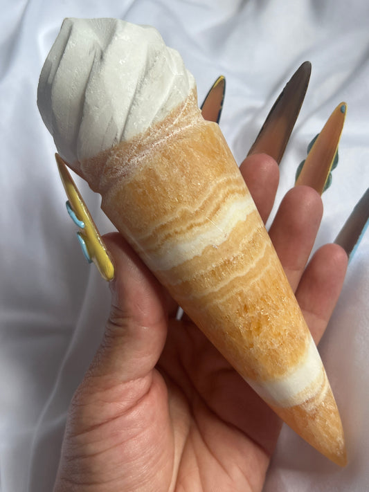 “Ice-Scream!” Juicy Banded Orange Calcite Ice Cream Cones