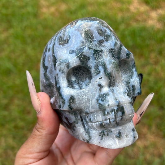 “Unearthed Wonders” Moss Agate Skull
