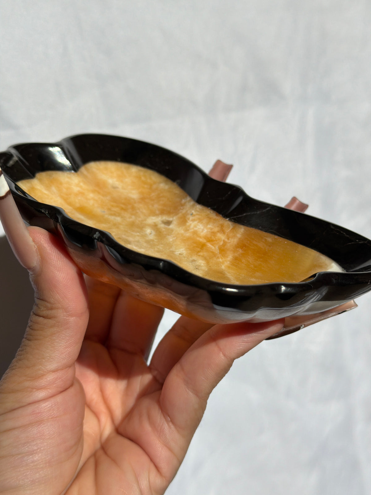 “Monarch Mood” Black Marble Edge Orange Calcite Butterfly Bowl