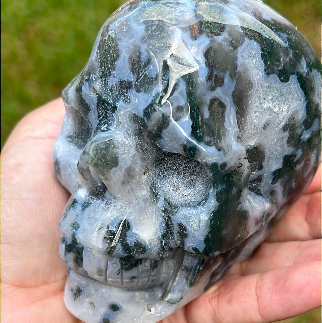 “Unearthed Wonders” Moss Agate Skull