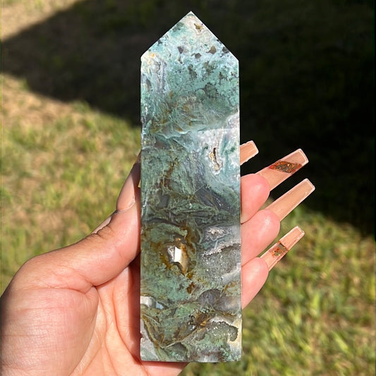“Amber and Sage” Moss Agate Tower