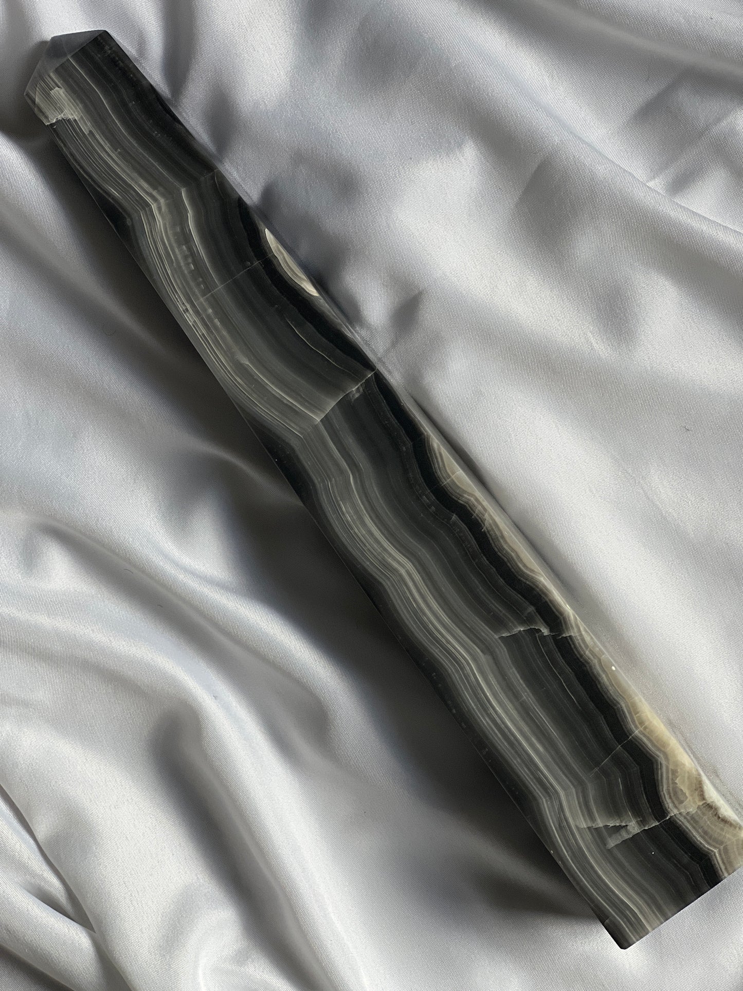 “Clouded Dusk” Banded Black Agate Tower