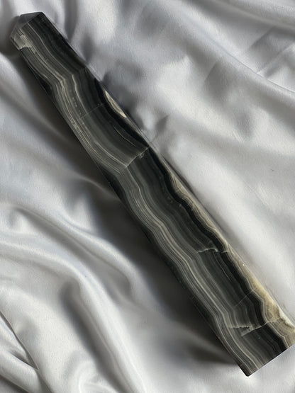 “Clouded Dusk” Banded Black Agate Tower