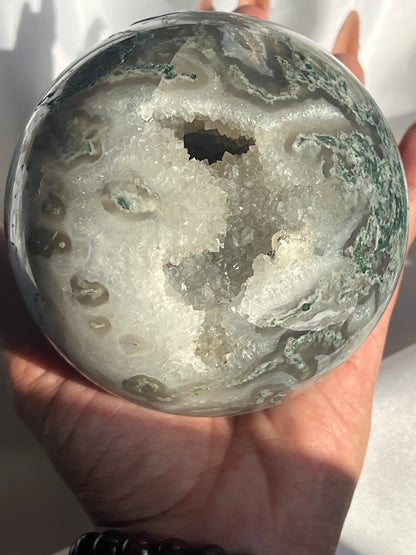 “Serene Swamp” Druzy Moss Agate Sphere