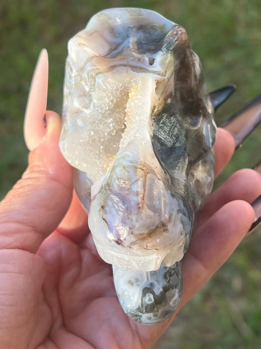 “Moss-asaurus” Druzy Moss Agate Dino Skull