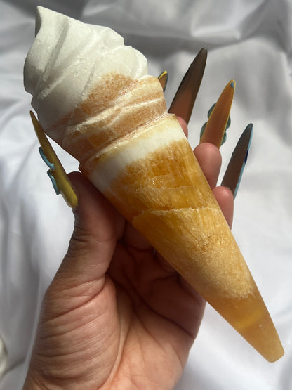 “Ice-Scream!” Juicy Banded Orange Calcite Ice Cream Cones