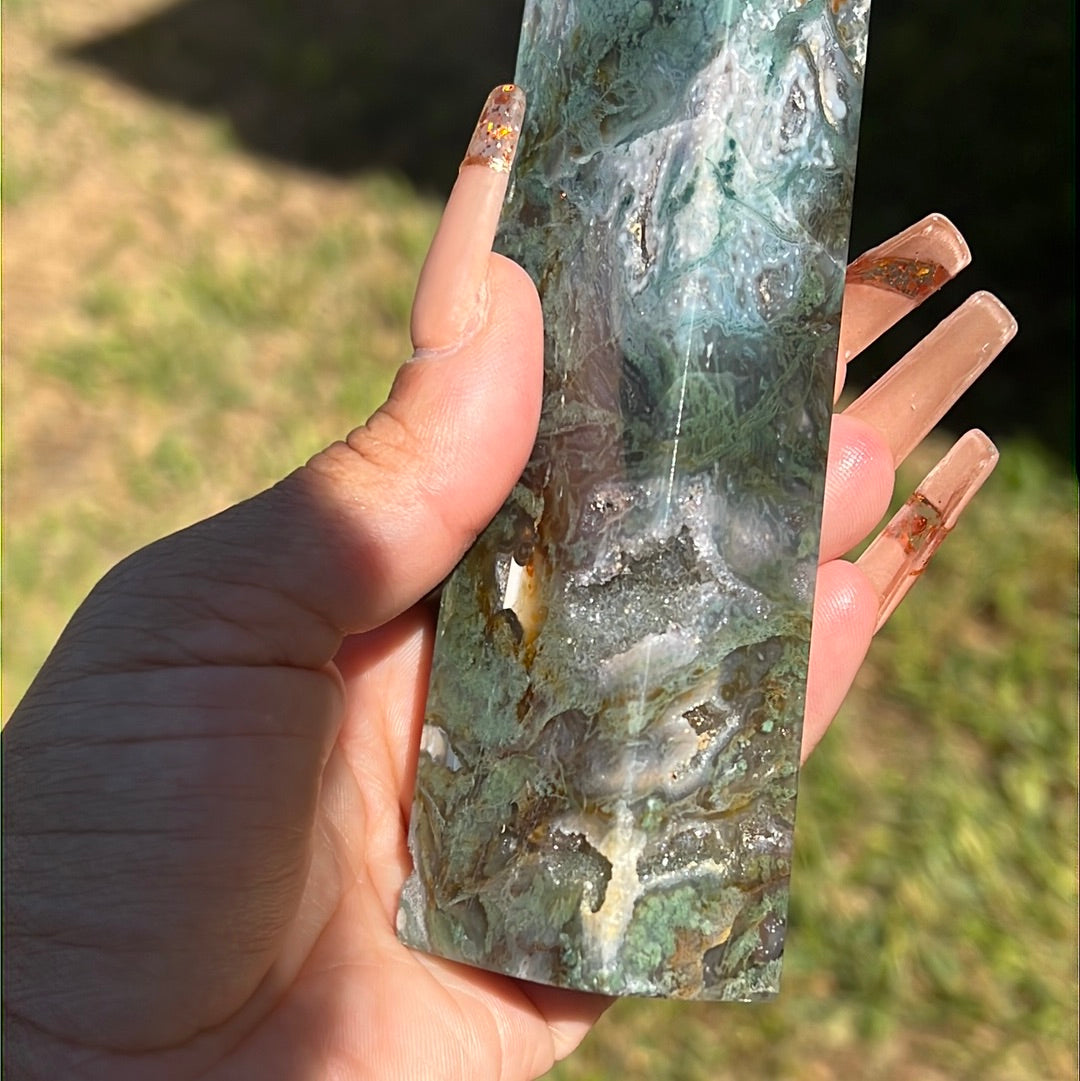 “Amber and Sage” Moss Agate Tower