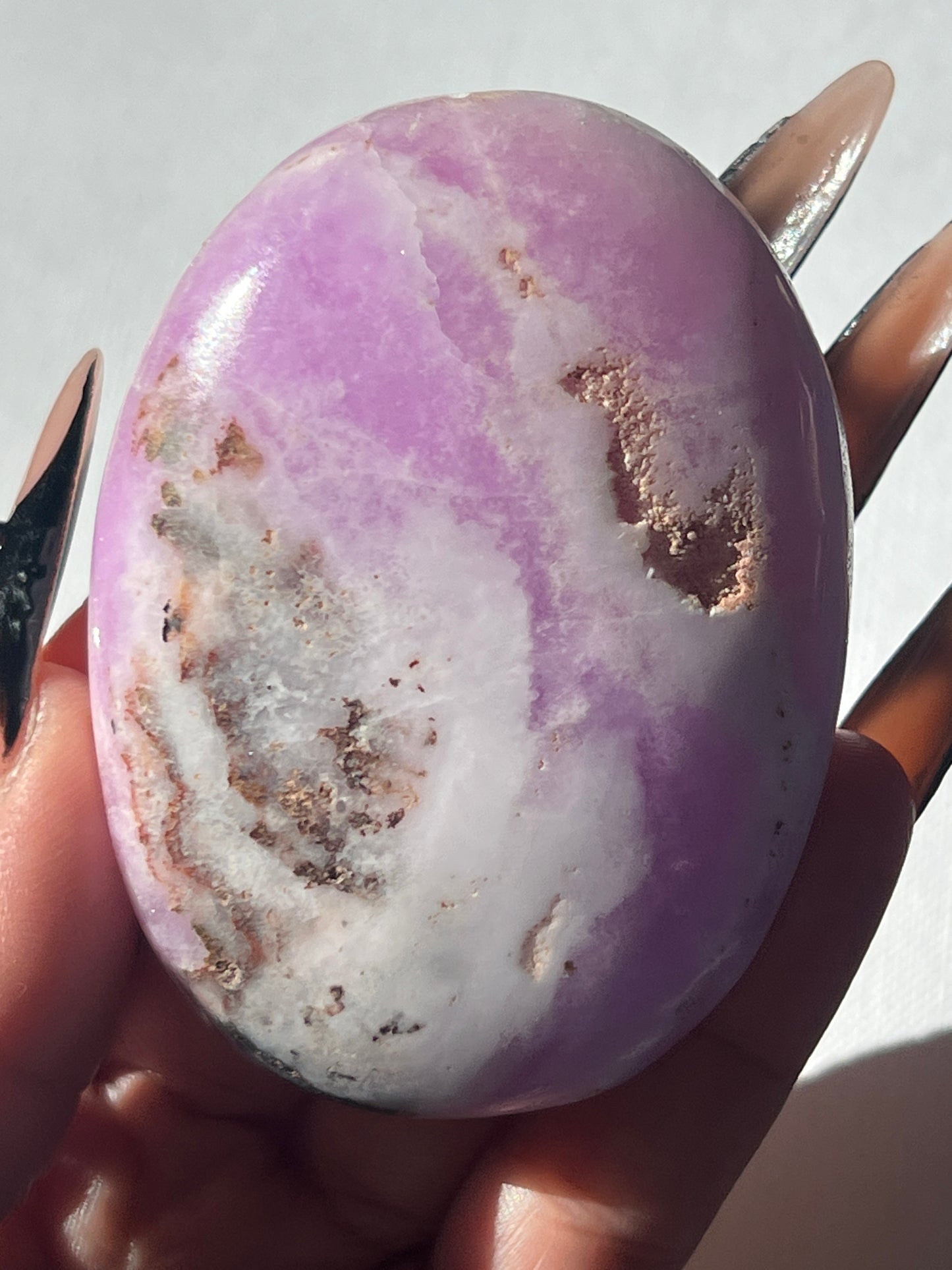 “Witch’s Brew” Pink Aragonite & Hematite Palm Stones