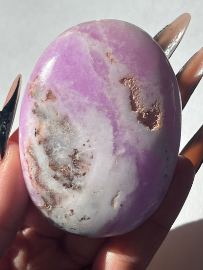 “Witch’s Brew” Pink Aragonite & Hematite Palm Stones