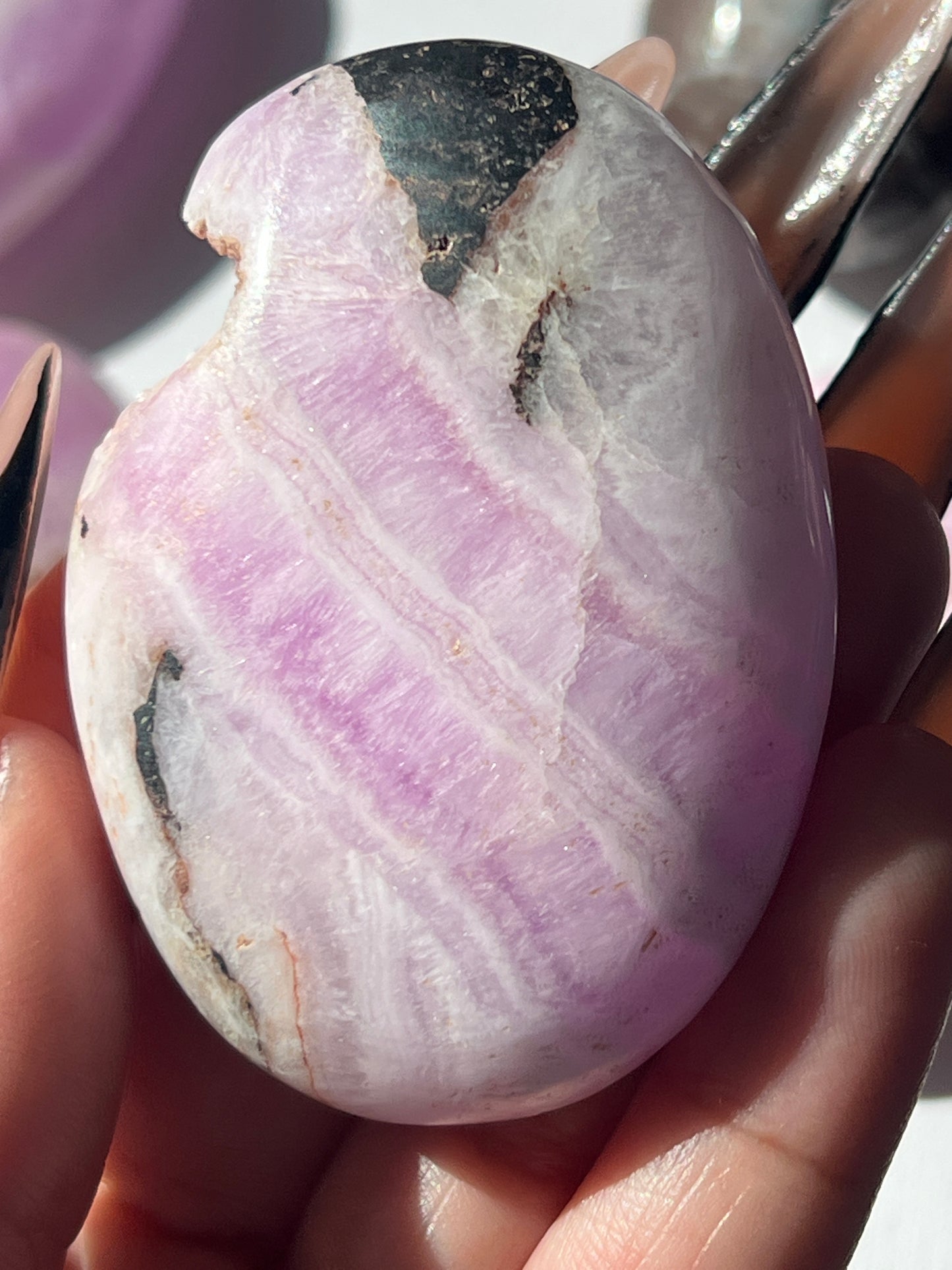 “Witch’s Brew” Pink Aragonite & Hematite Palm Stones