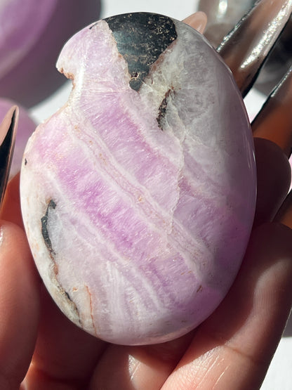 “Witch’s Brew” Pink Aragonite & Hematite Palm Stones