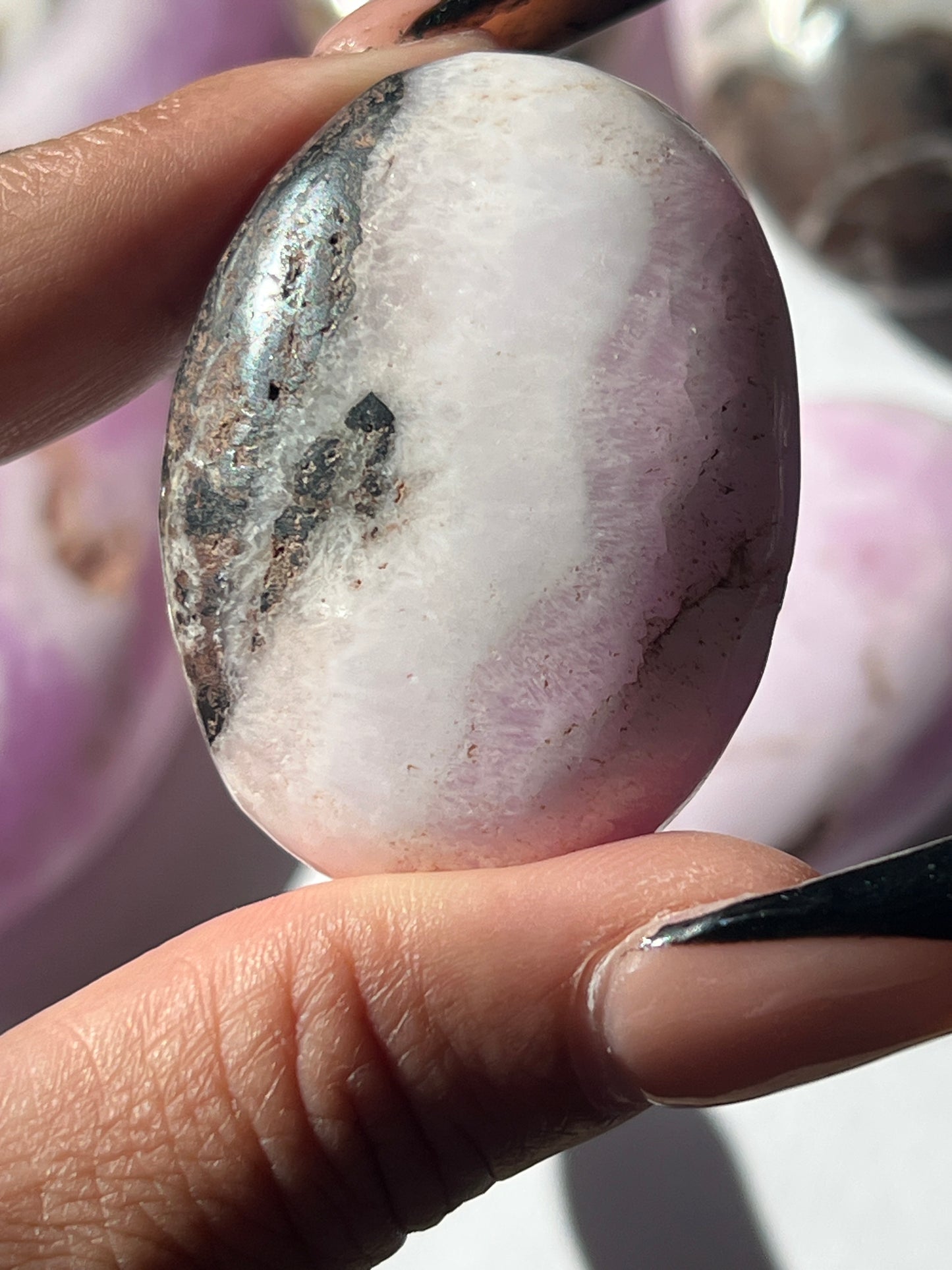 “Witch’s Brew” Pink Aragonite & Hematite Palm Stones