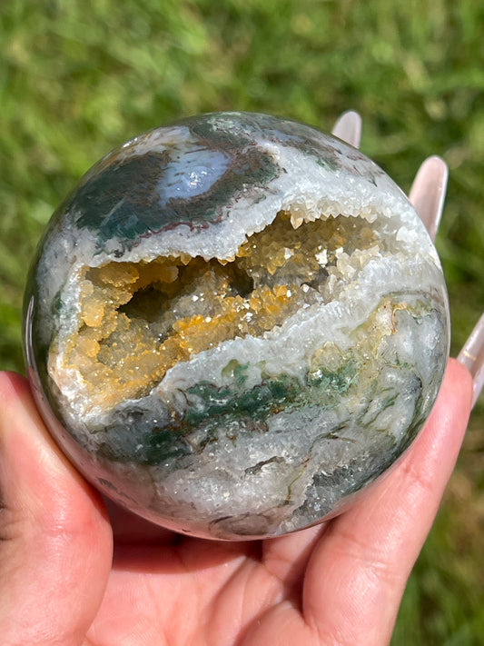 “Seasonal” Druzy Autumnal Moss Agate Sphere