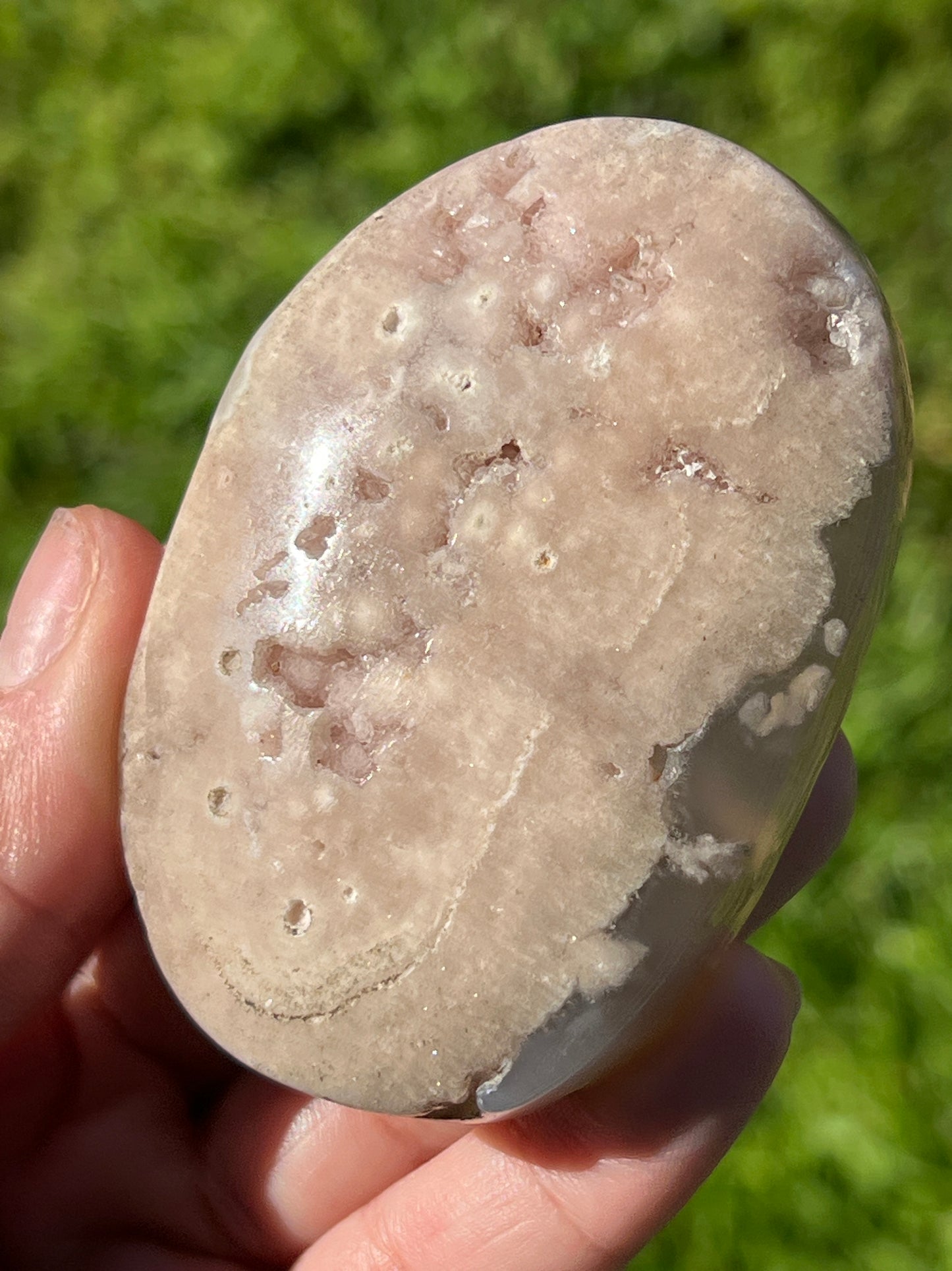 “Brilliant Bouquet” Sparkling Pink Amethyst & Flower Agate Palm Stone