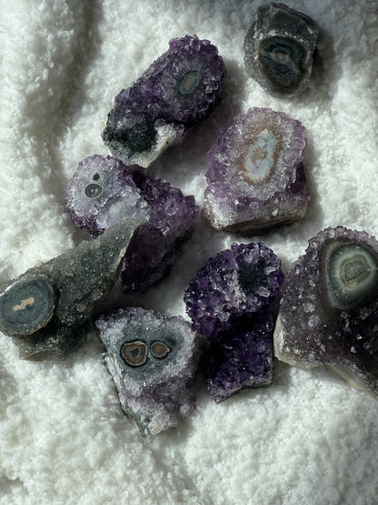 “Cute Cosmic Cyclops” Uruguayan Amethyst Clusters with Stalactite Eyes