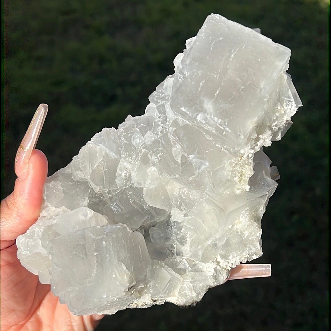 Etched Self-Standing Green Gray Xianghualing Fluorite Cluster ESGXF