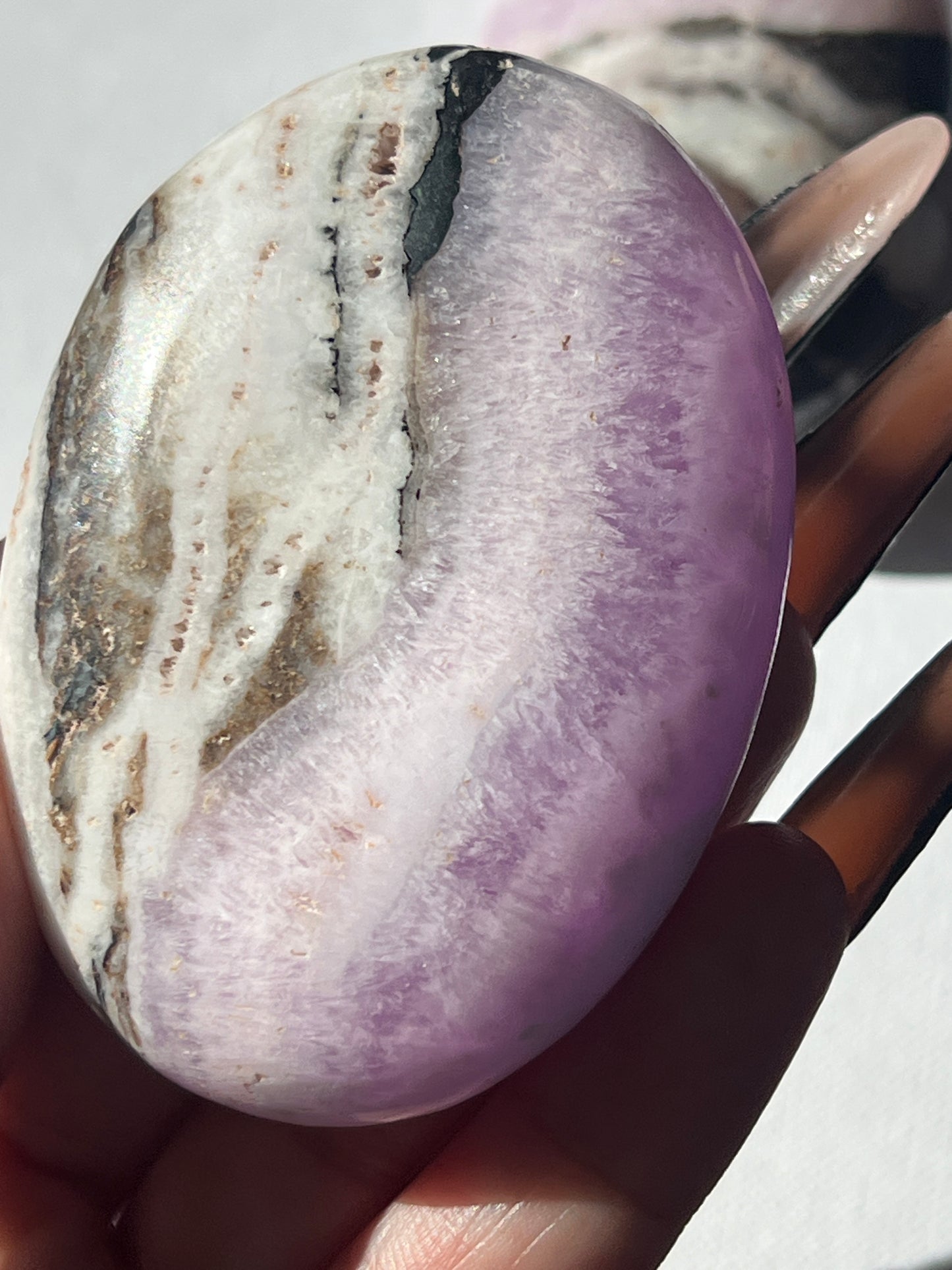 “Witch’s Brew” Pink Aragonite & Hematite Palm Stones