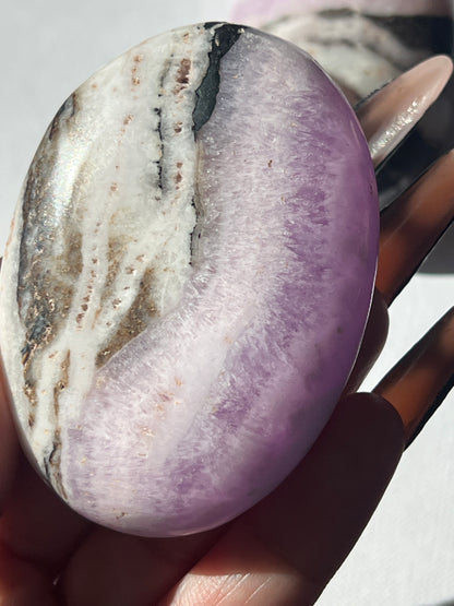 “Witch’s Brew” Pink Aragonite & Hematite Palm Stones