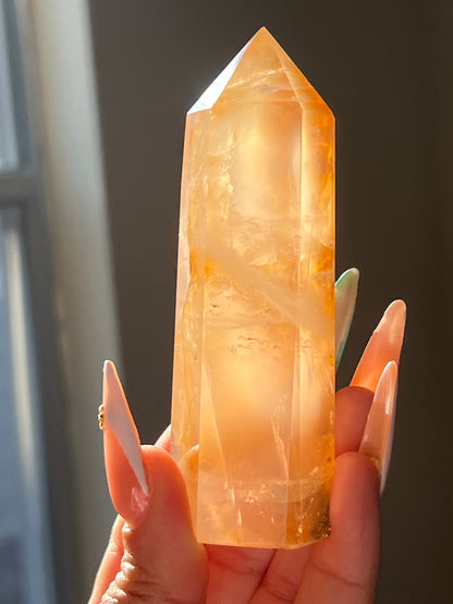 “Light of the Morn” Rose Quartz with Golden Healer Point
