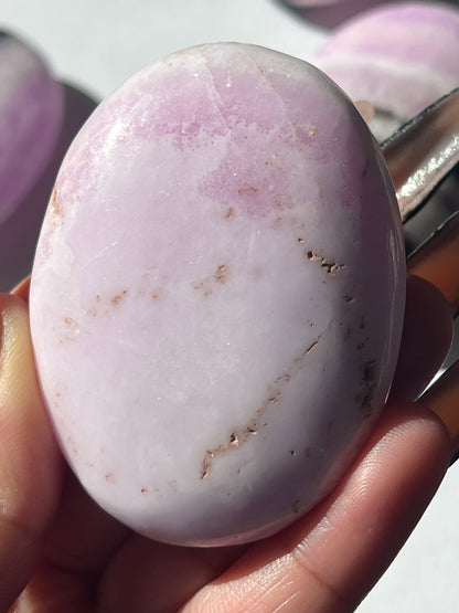 “Witch’s Brew” Pink Aragonite & Hematite Palm Stones