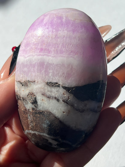 “Witch’s Brew” Pink Aragonite & Hematite Palm Stones