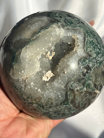“Serene Swamp” Druzy Moss Agate Sphere