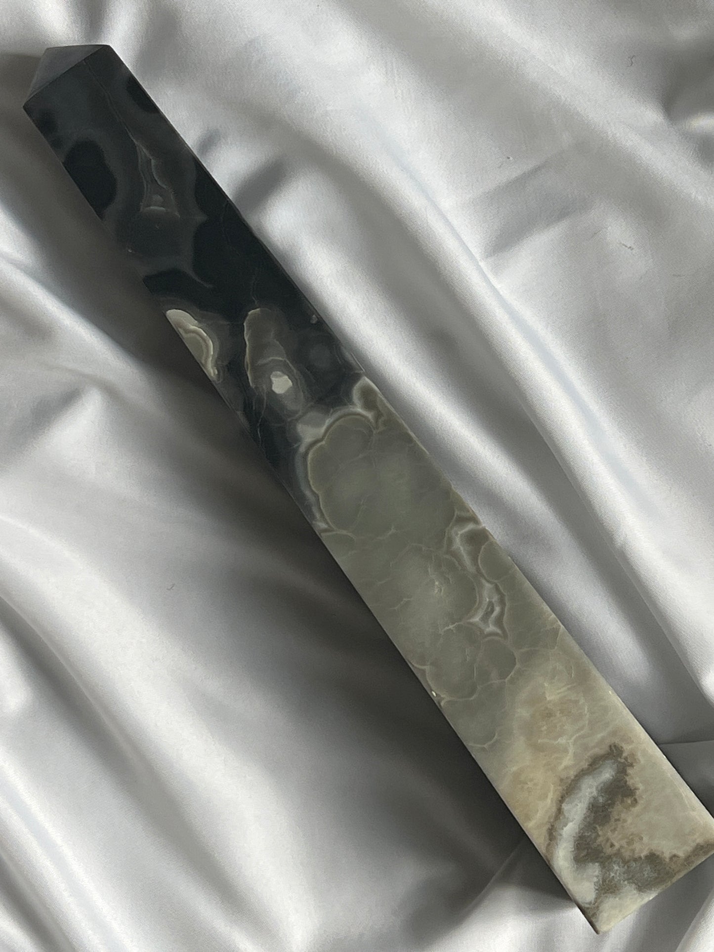 “Clouded Dusk” Banded Black Agate Tower