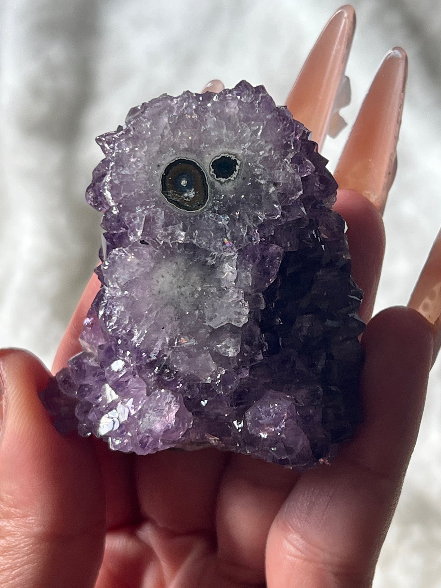 “Cute Cosmic Cyclops” Uruguayan Amethyst Clusters with Stalactite Eyes