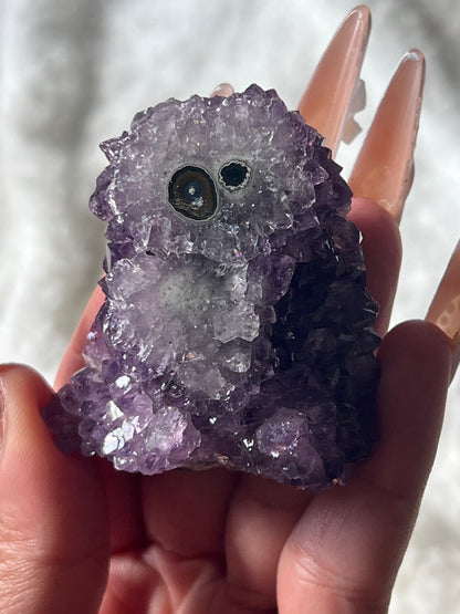 “Cute Cosmic Cyclops” Uruguayan Amethyst Clusters with Stalactite Eyes