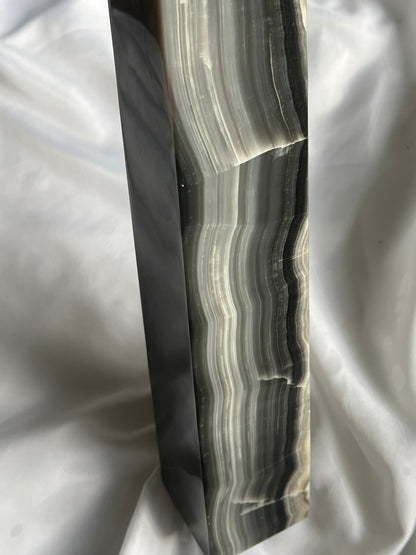 “Clouded Dusk” Banded Black Agate Tower
