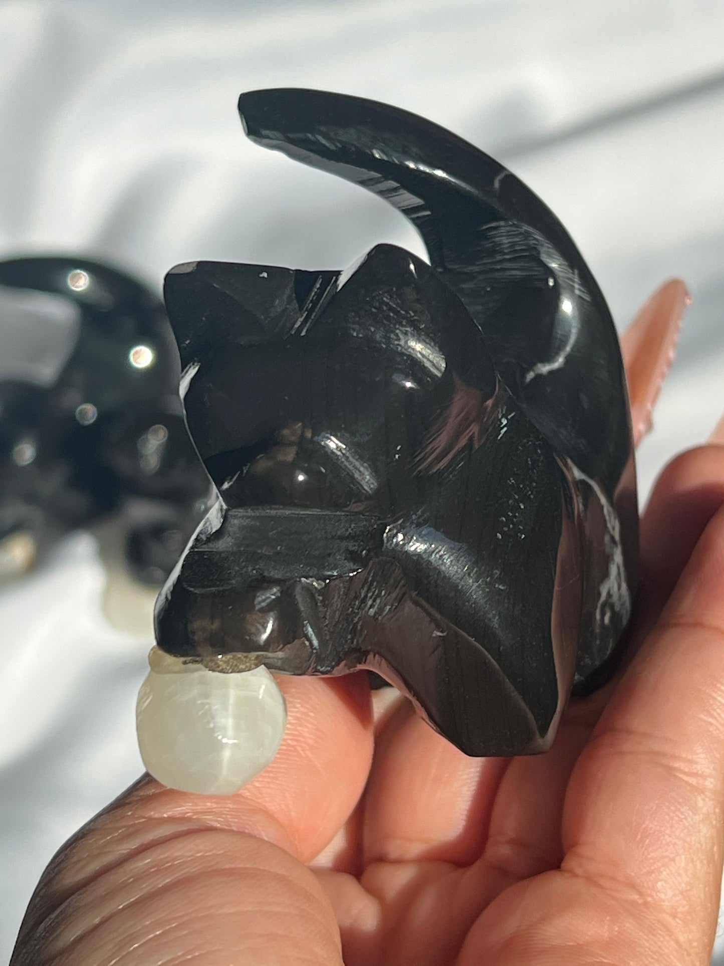 “Catnip” Black Marble Kitty with Calcite Yarn Ball