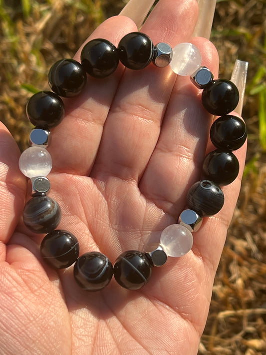 “Highly Protected” Black Agate and Satin Spar Bracelet