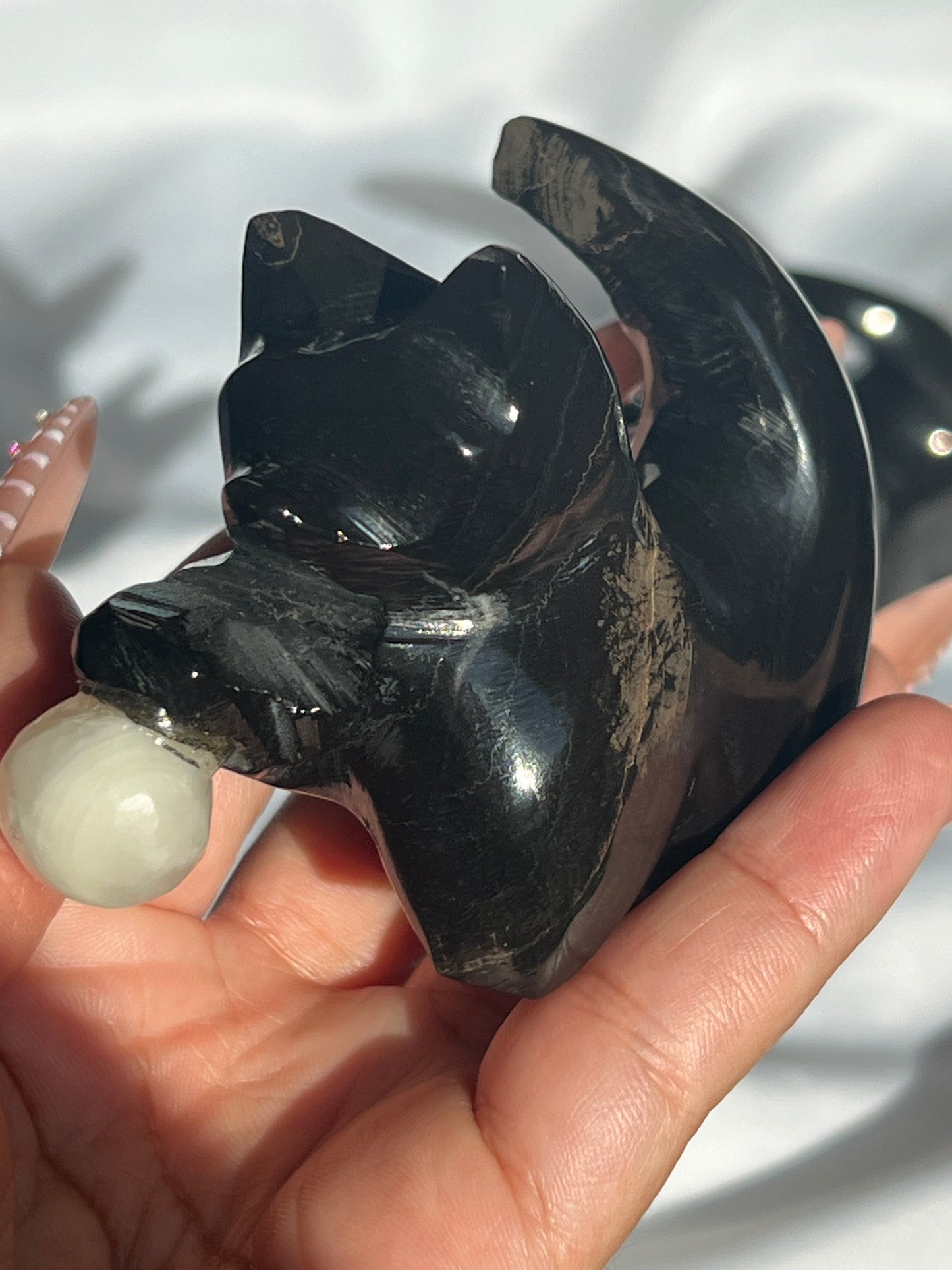 “Catnip” Black Marble Kitty with Calcite Yarn Ball