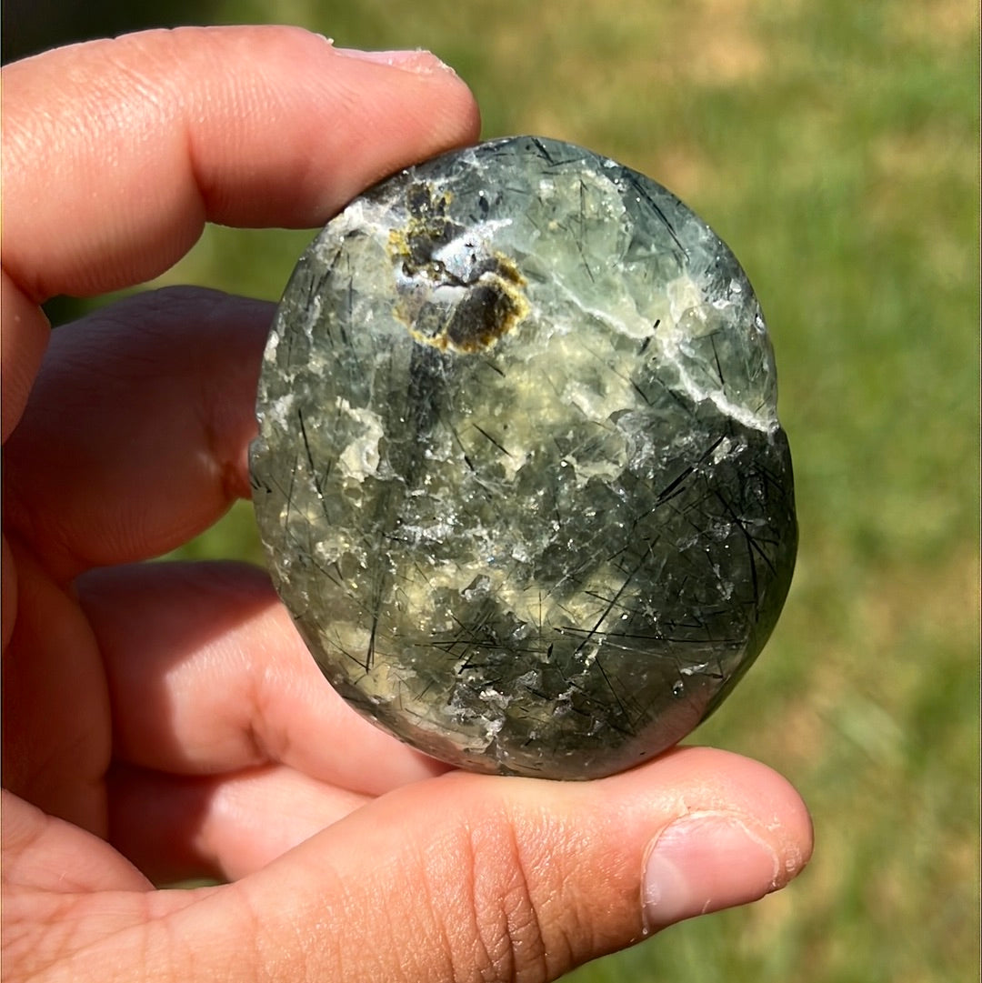 “Green Apple Jelly Dollops” Prehnite and Epidote Palm Stones