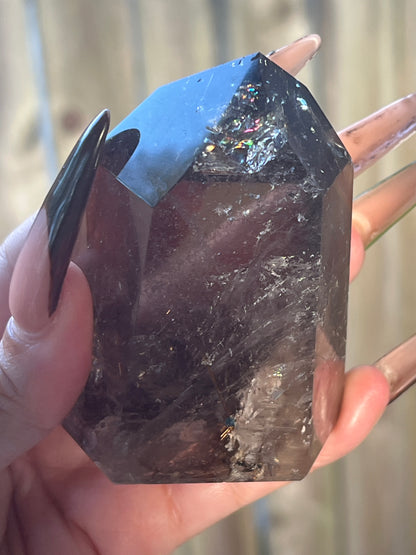 “Smoking Blades” Champagne Smoky Quartz Tower with Rutile & Lodolite