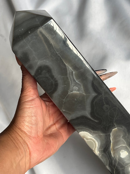 “Clouded Dusk” Banded Black Agate Tower