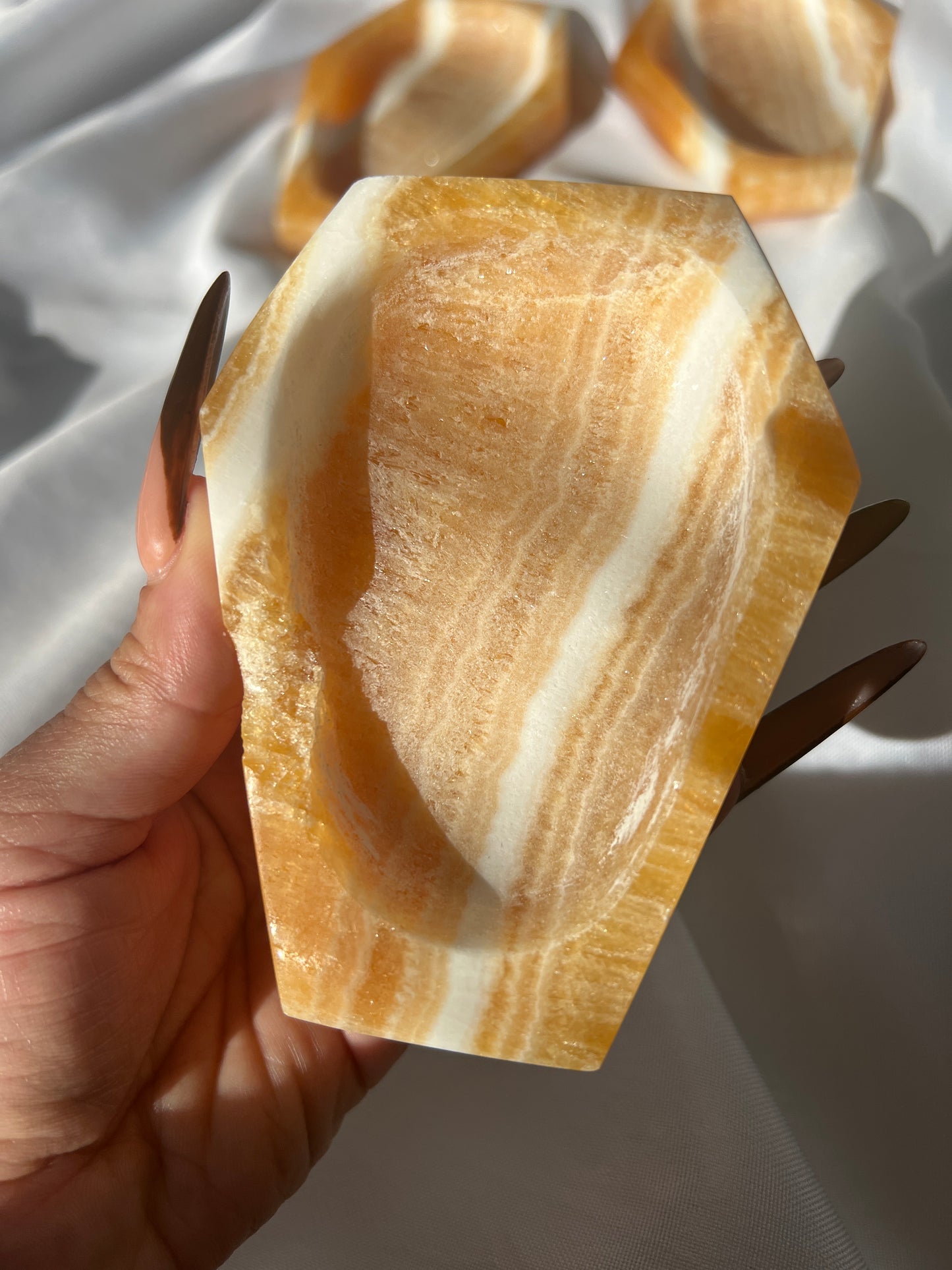 “Well Rested” Juicy Orange Calcite Coffin Dishes