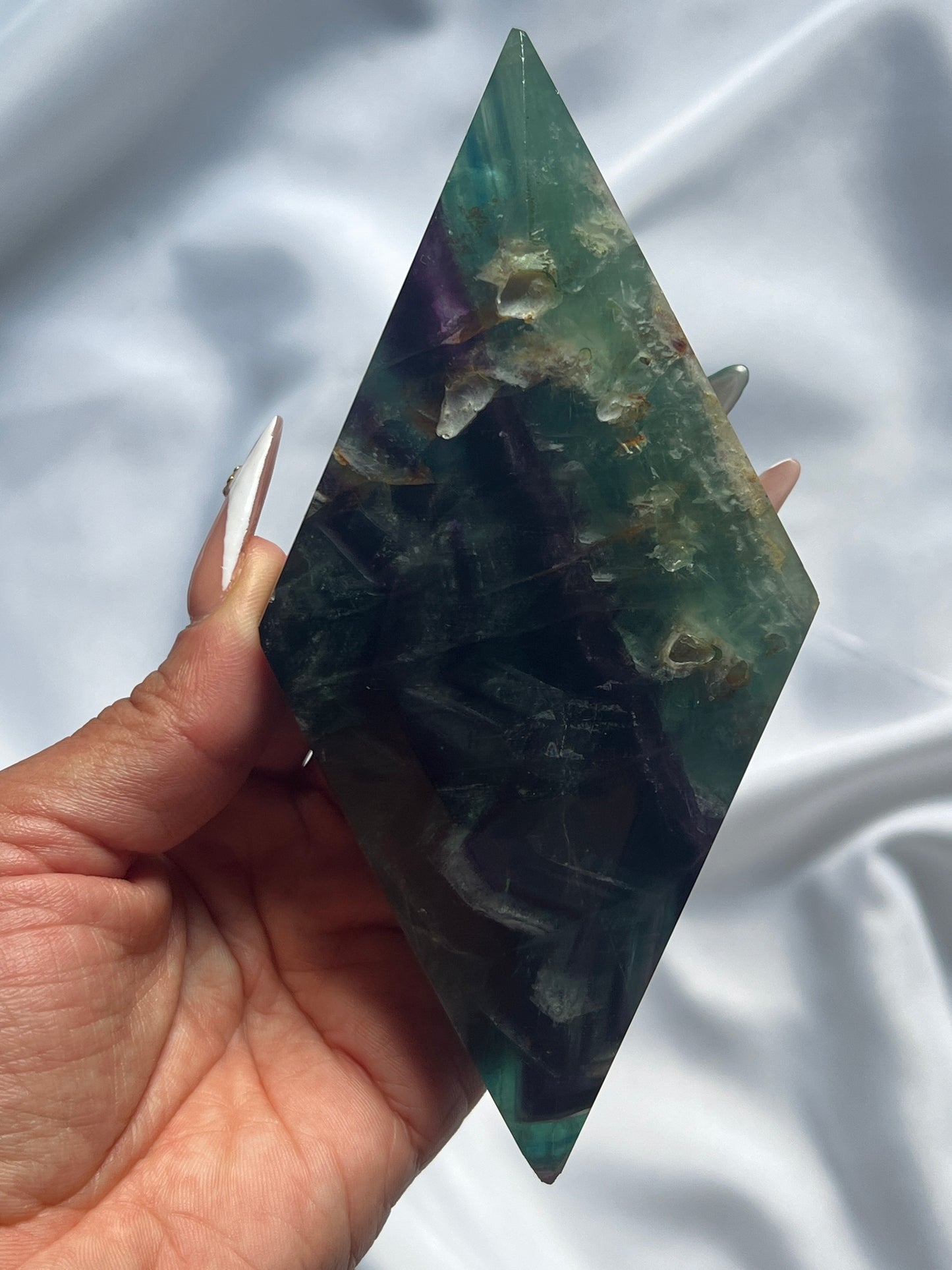 “Diamond in the Rough” Rainbow Feather Fluorite Diamond