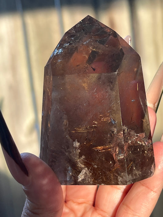 “Smoking Blades” Champagne Smoky Quartz Tower with Rutile & Lodolite