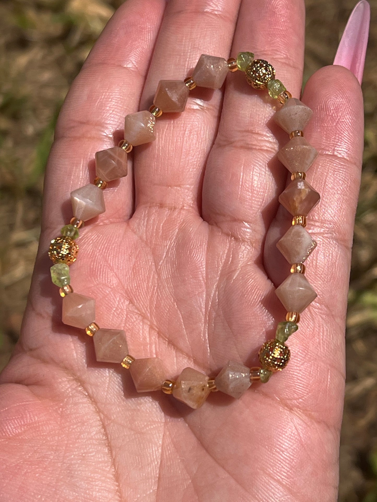 “Sun & Moon” Peach Moonstone with Sunstone Bracelet