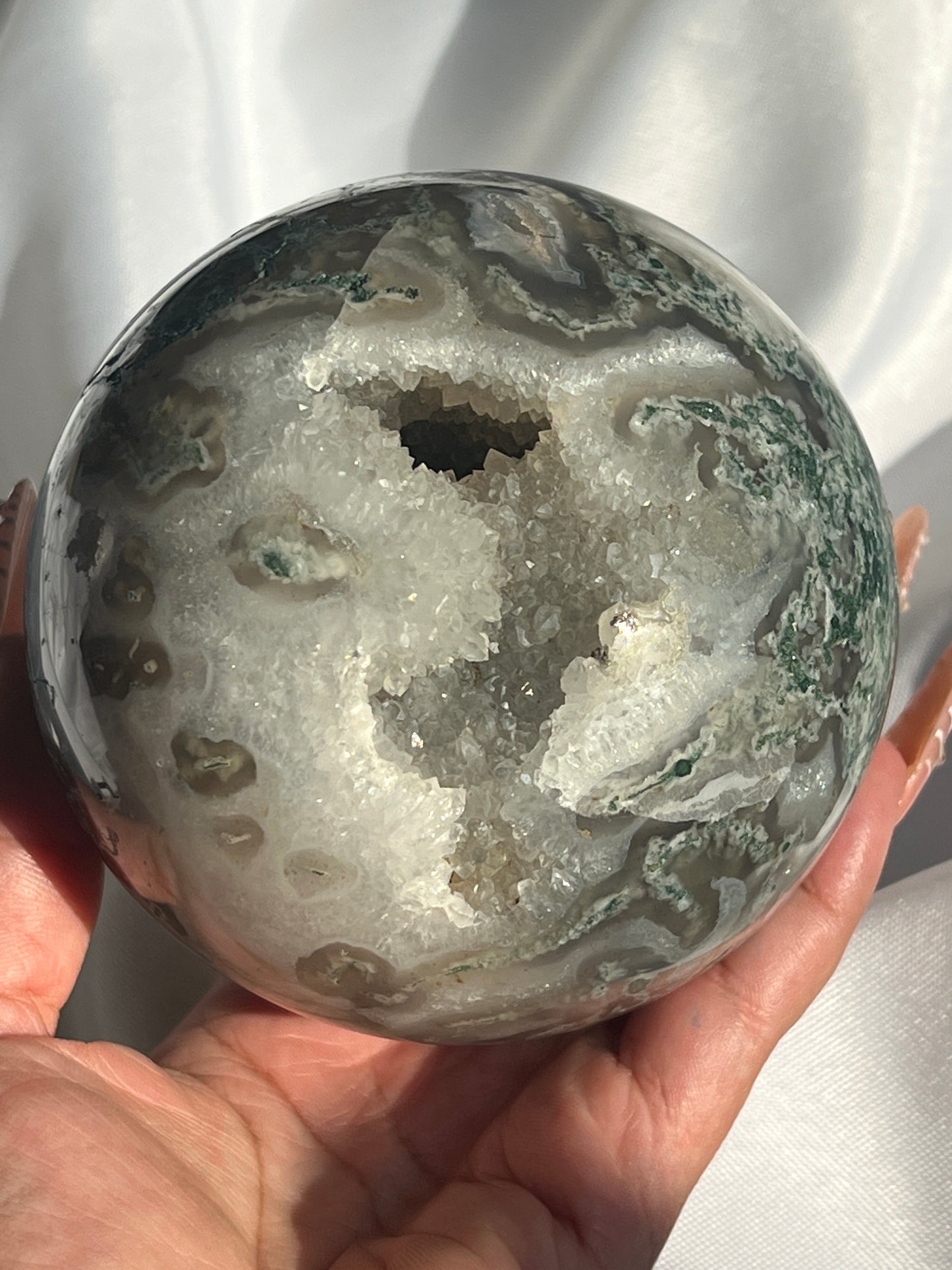 “Serene Swamp” Druzy Moss Agate Sphere