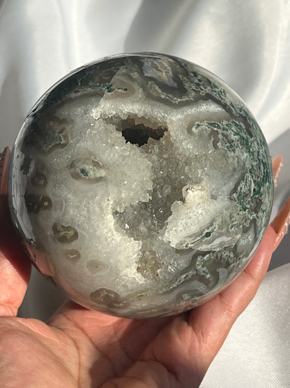 “Serene Swamp” Druzy Moss Agate Sphere