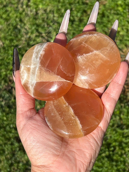 “Sweetie” Round Honey Calcite Palm Stones