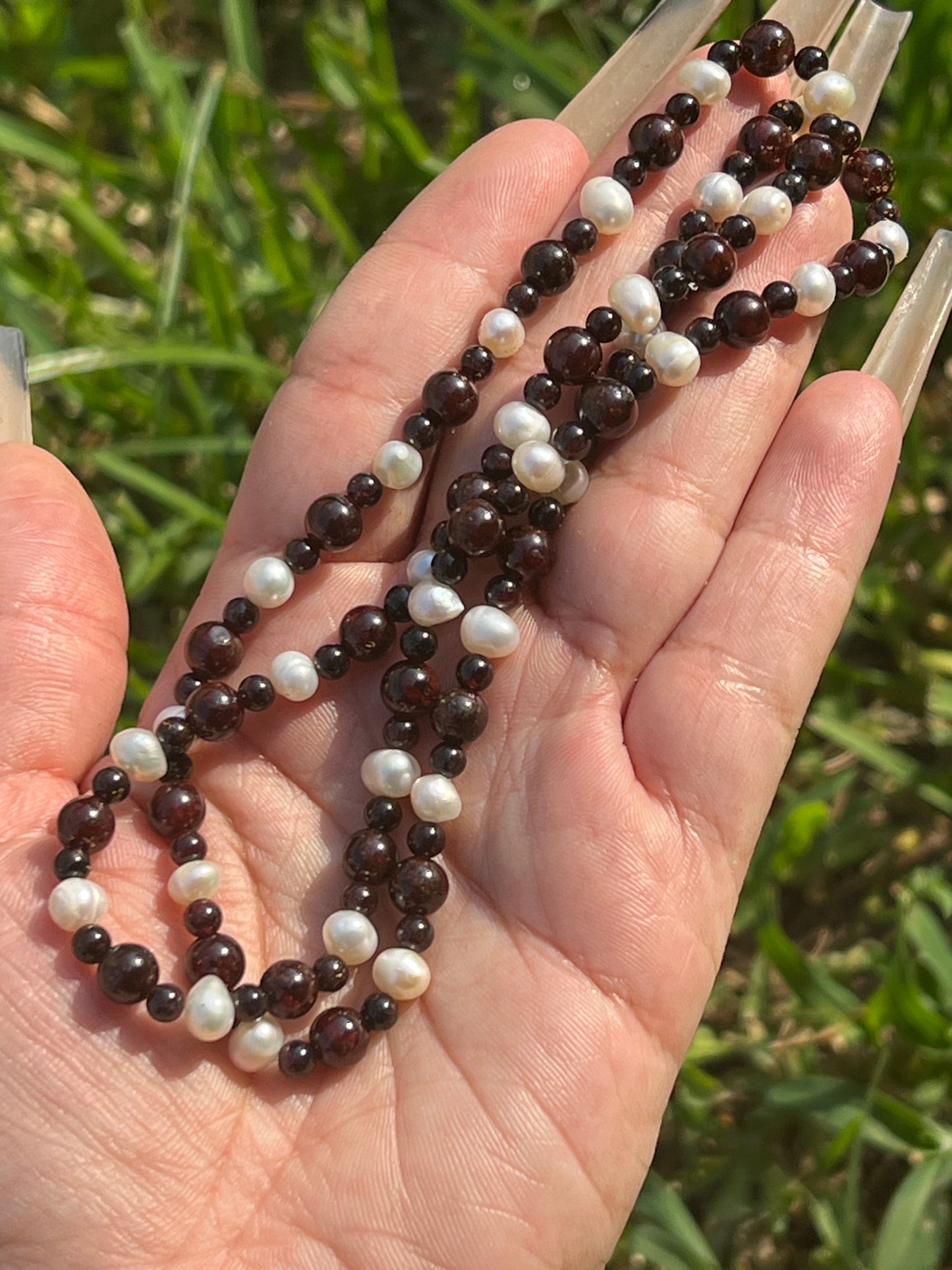 “Blood Lust” Stretchy 22” Garnet and Freshwater Pearl Necklace/Wrap Bracelet