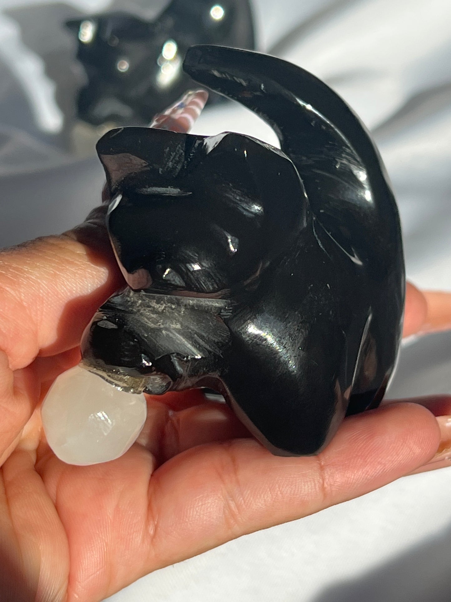 “Catnip” Black Marble Kitty with Calcite Yarn Ball