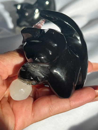 “Catnip” Black Marble Kitty with Calcite Yarn Ball